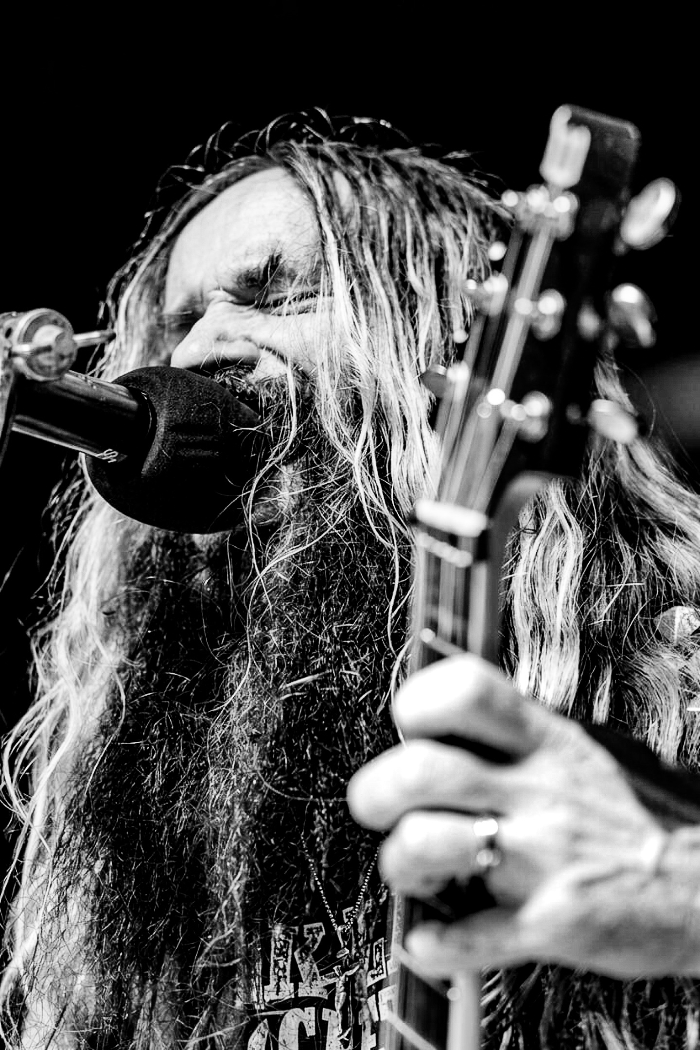 Black and white portrait of Zakk Wylde singing during Black Label Society at The Ritz.