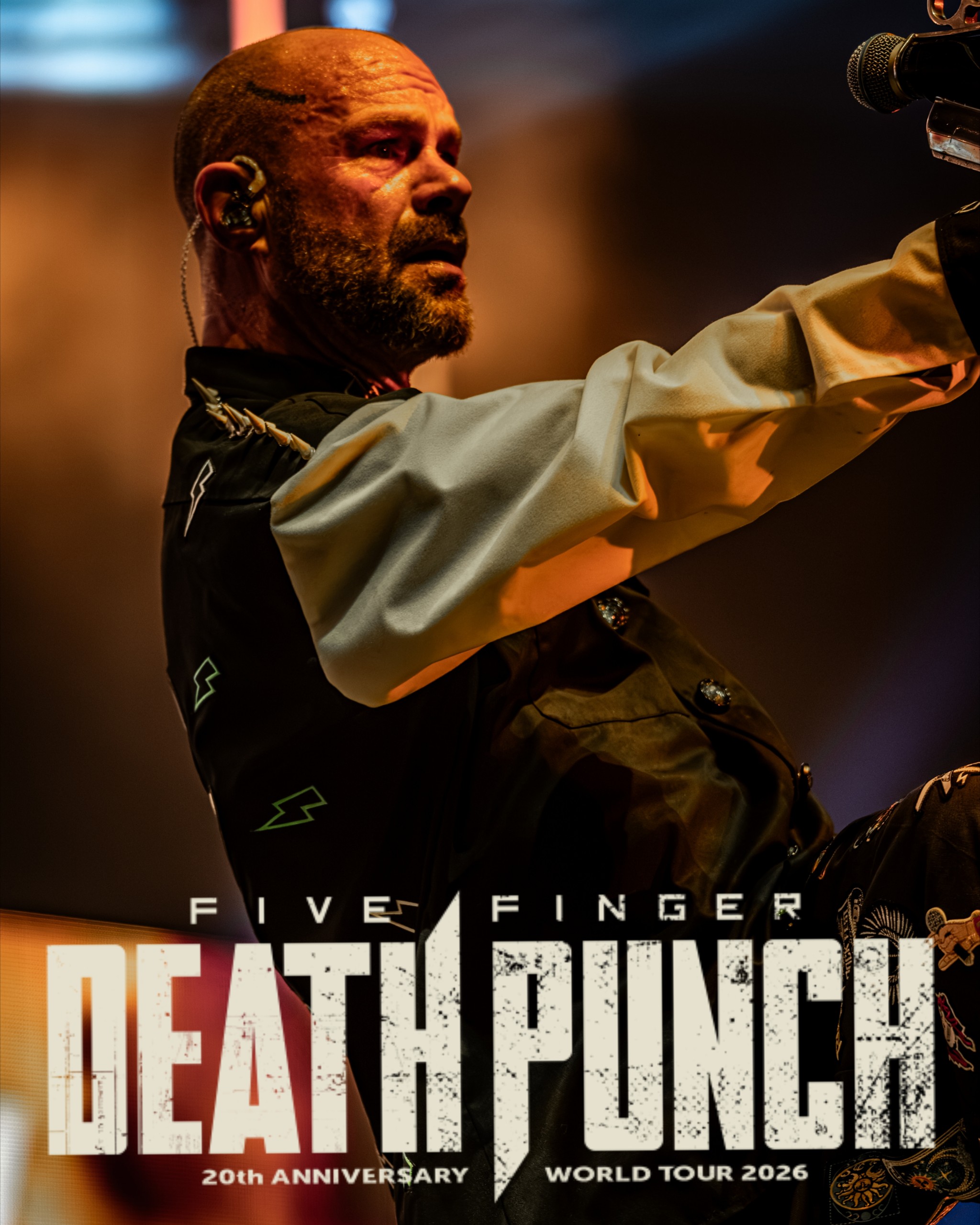 Ivan Moody reaching toward the crowd, with Five Finger Death Punch tour lettering below. Five Finger Death Punch at Coastal Credit Union Music Park, Raleigh, October 14, 2026.