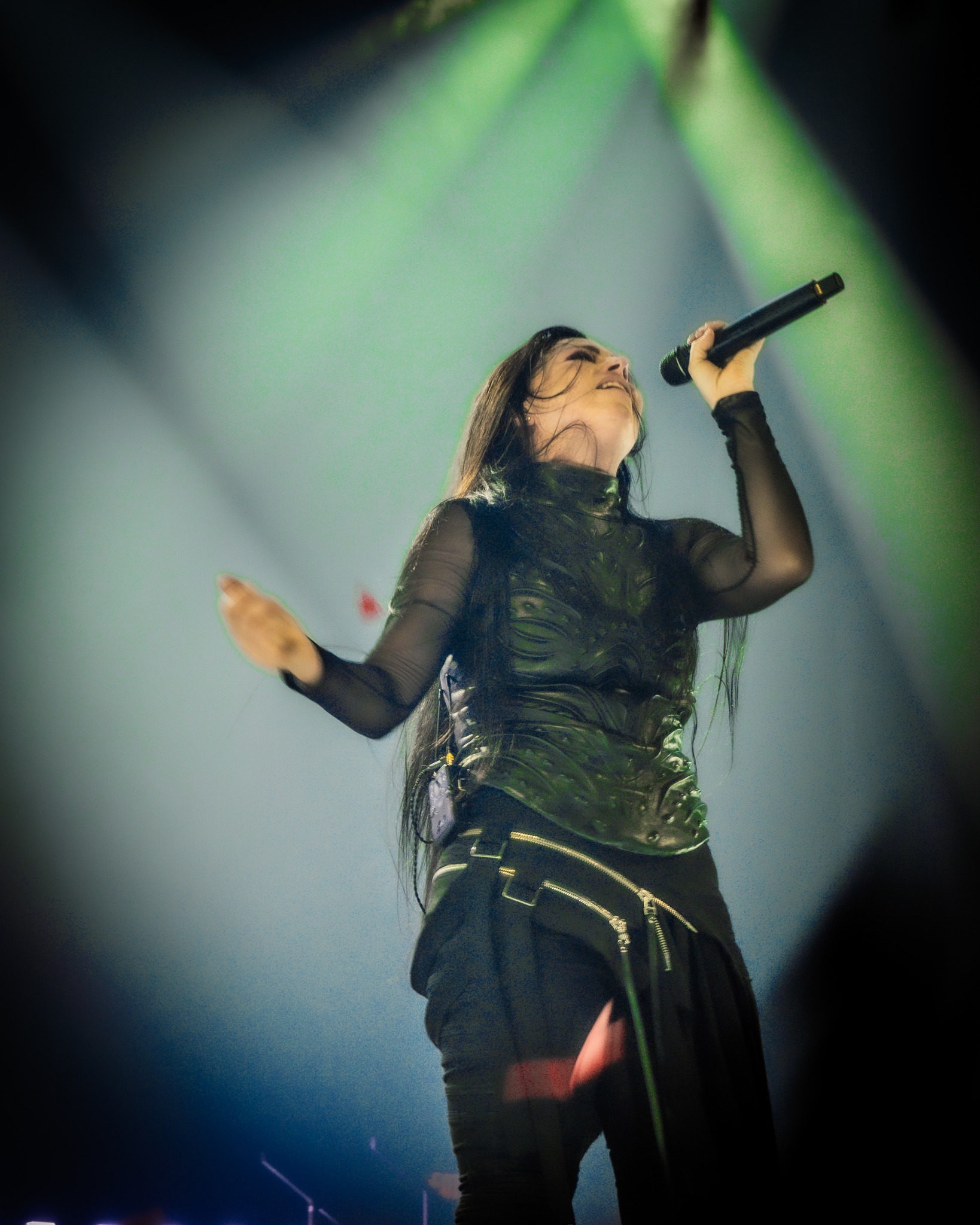 Amy Lee singing beneath green and white stage lights.