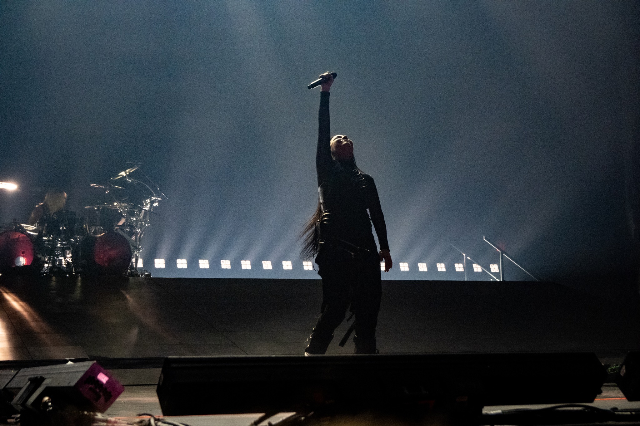 Amy Lee raising one arm with the band behind her.