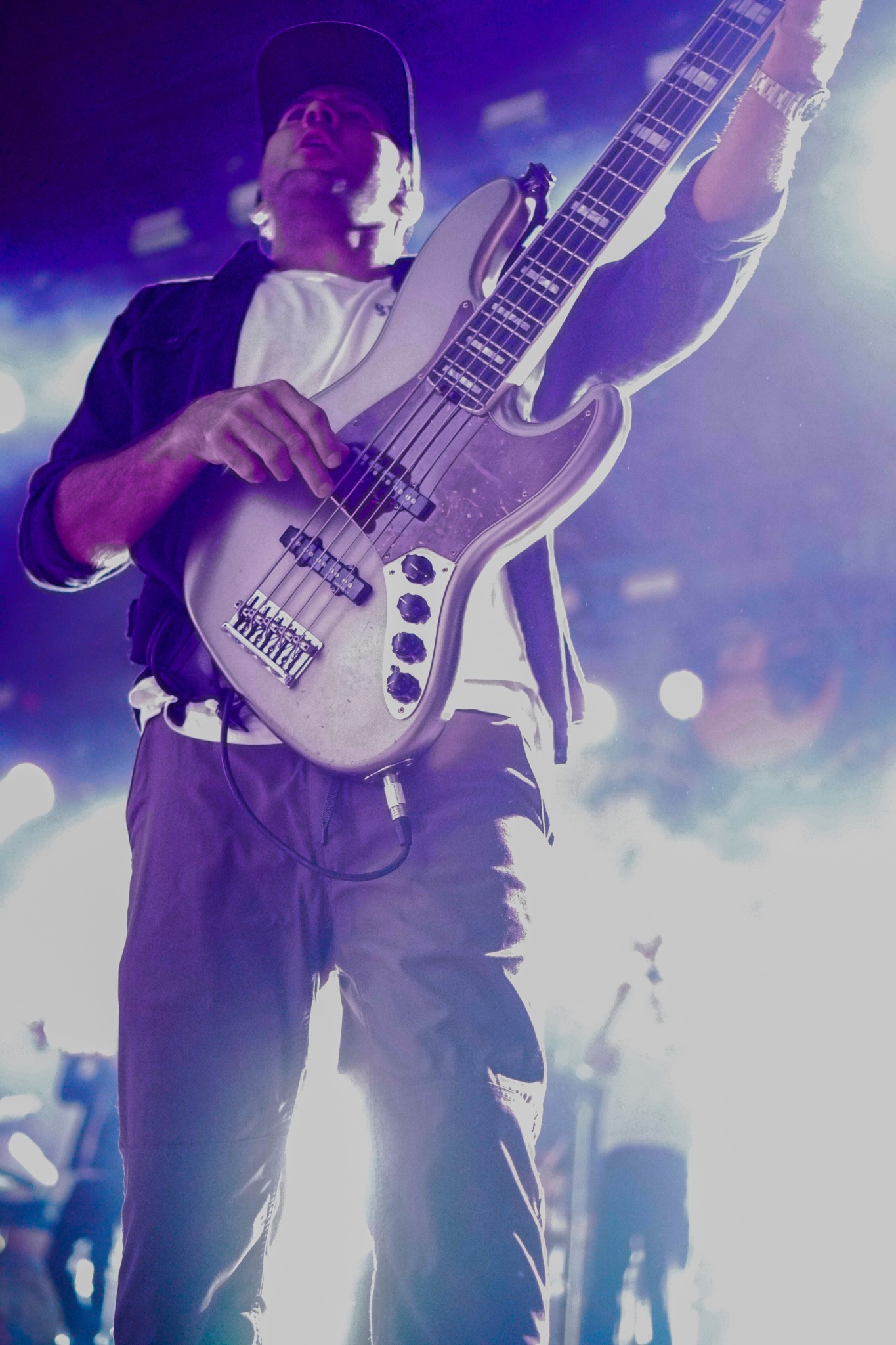 Iration bassist performing in purple and white light.