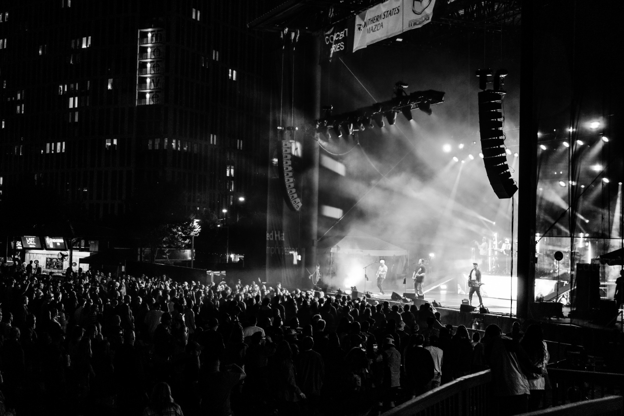 Black and white view of the Iration stage and the surrounding audience.