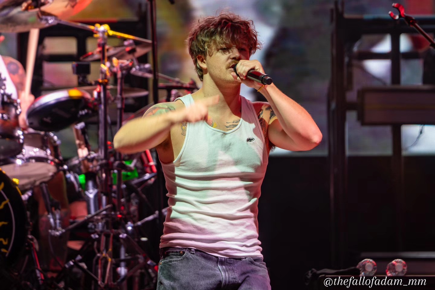 Sublime vocalist singing into the microphone against stage screens.