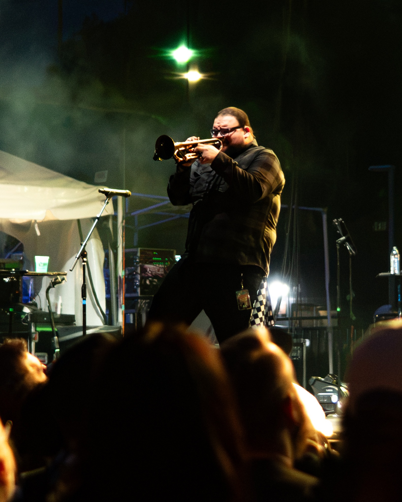 Tribal Seeds trumpet player performing under warm light.
