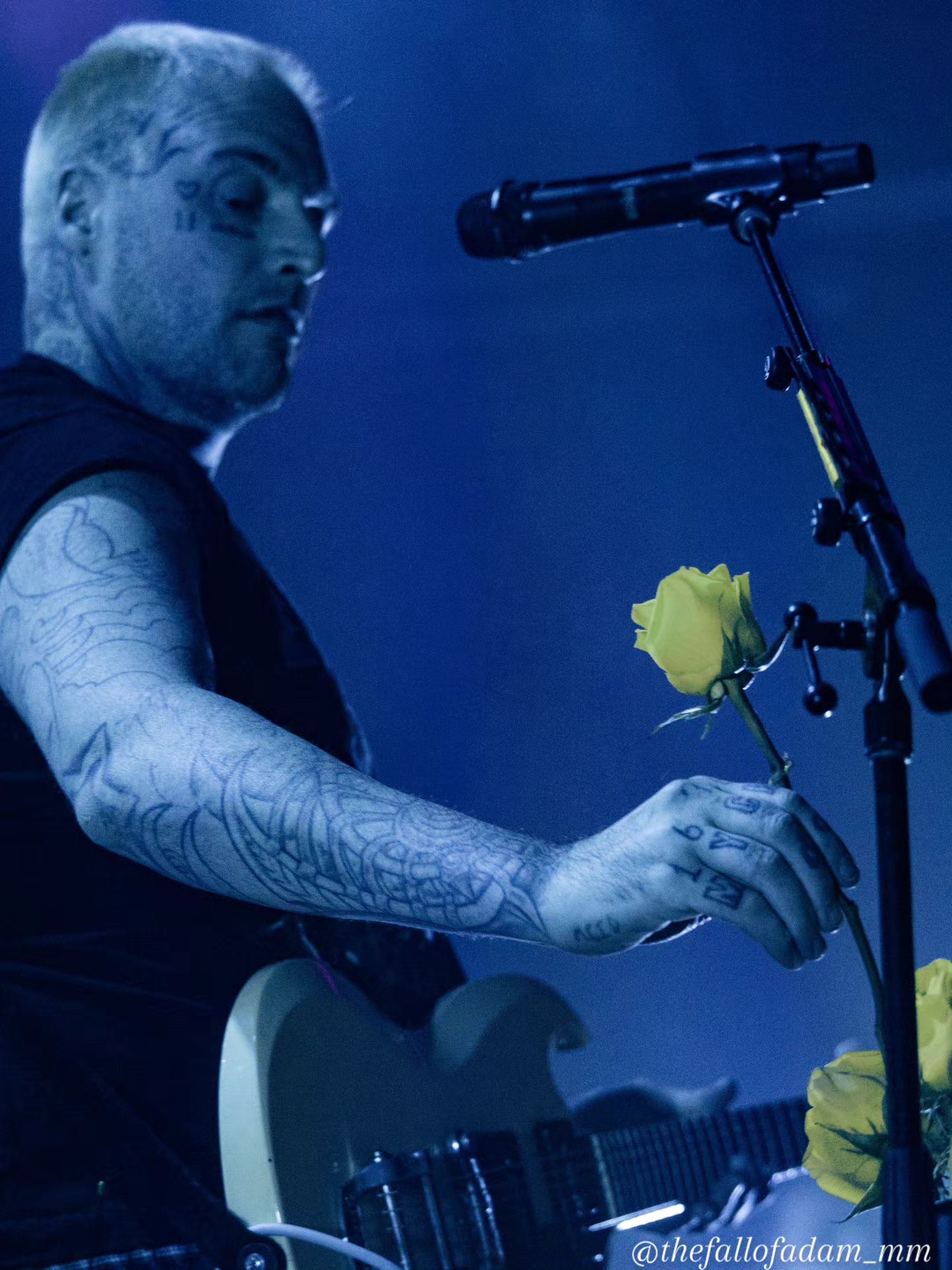 Highly Suspect vocalist at the microphone beside yellow flowers under blue light.