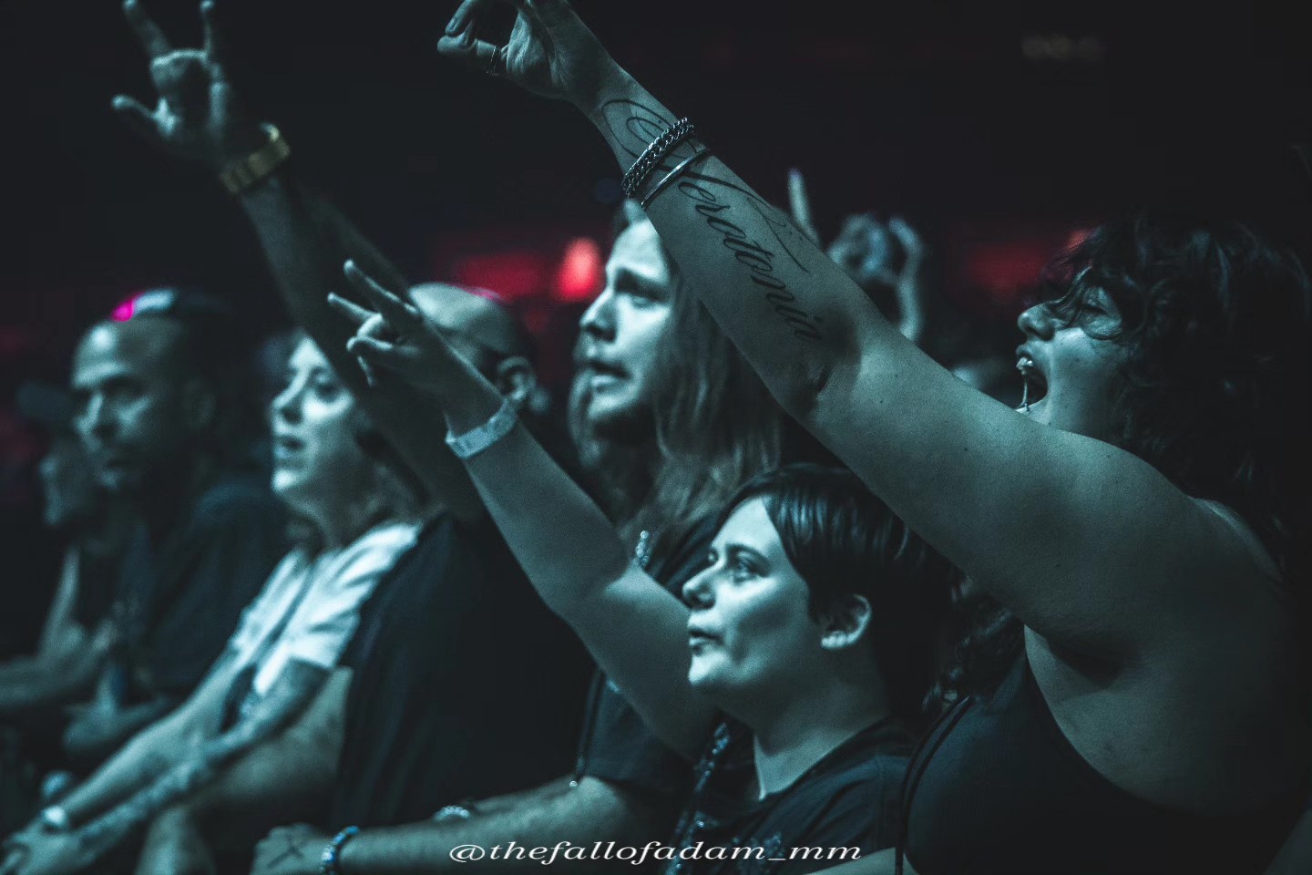Fans watching Highly Suspect from the barrier under teal light.