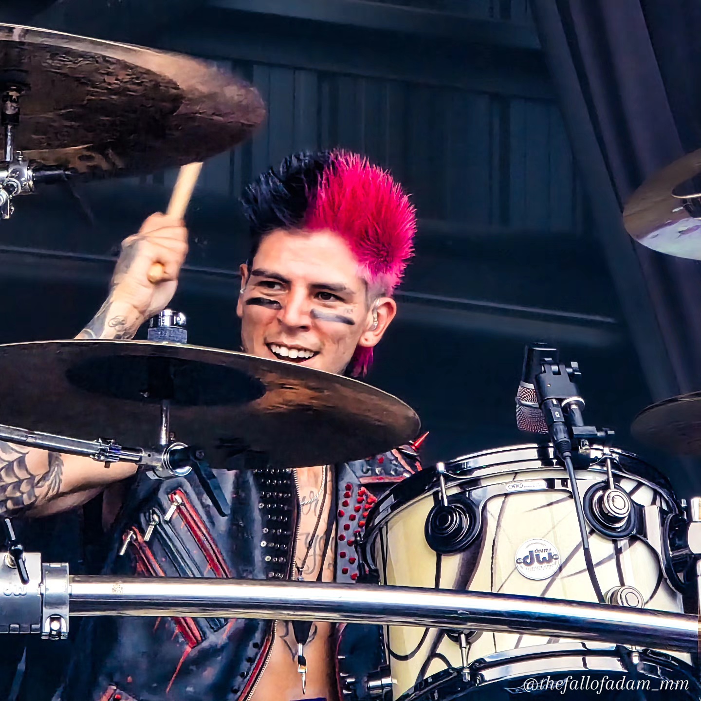 Orgy drummer smiling behind the kit during the Tampa show.