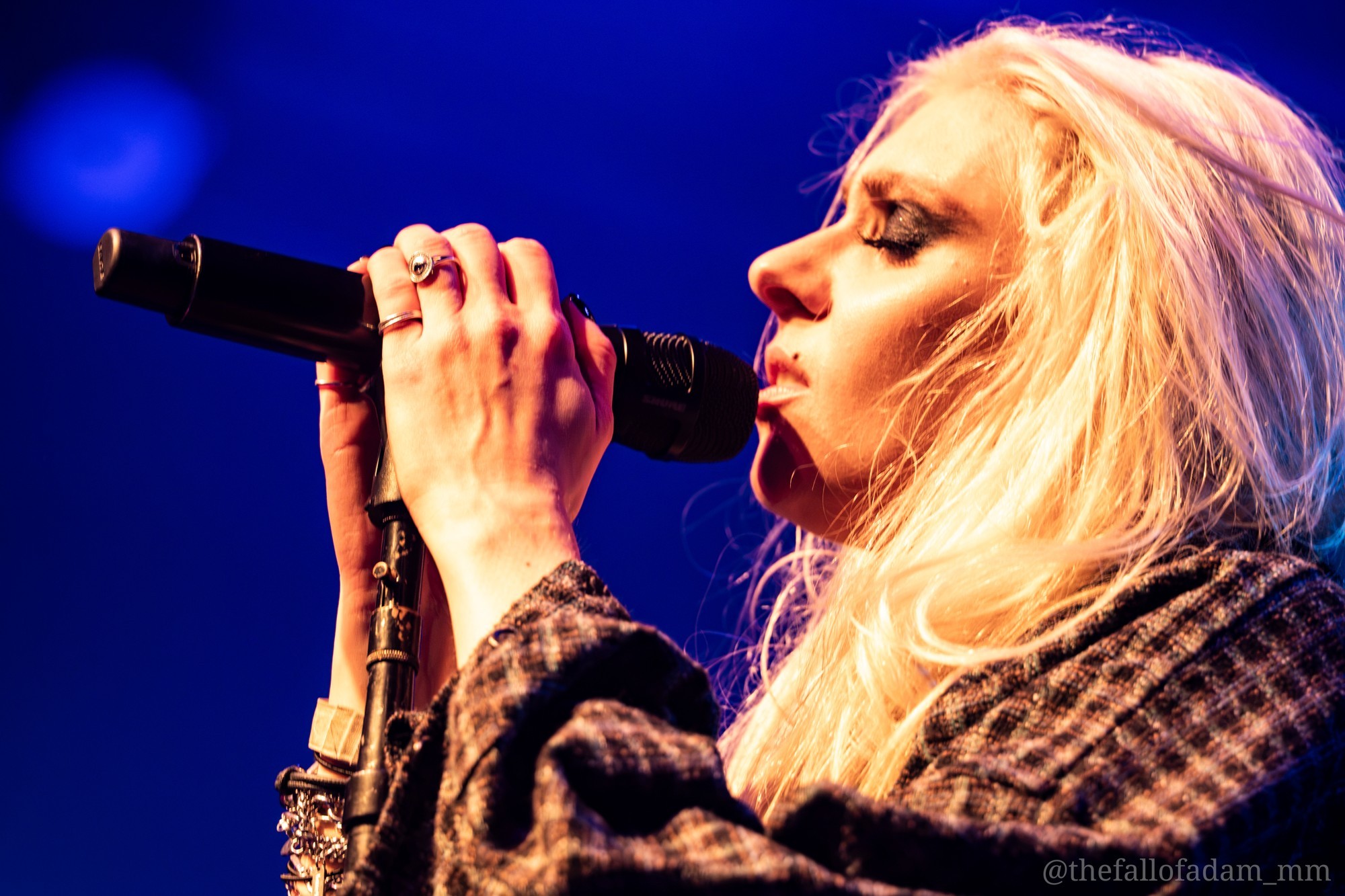 Close profile of Taylor Momsen singing into the microphone.